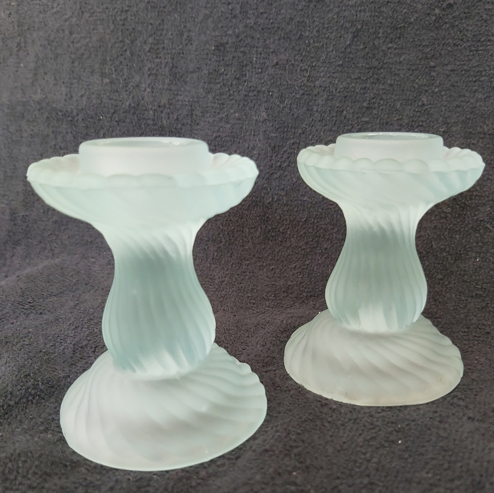 Vintage Blue Satin Glass Candle Holders x 2 Soft Blue Swirl Frosted Candlestick